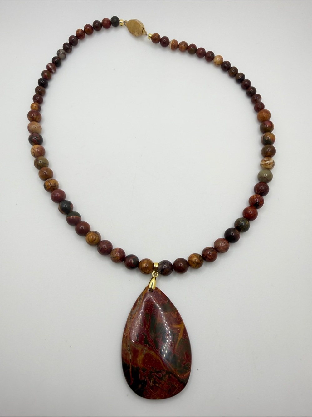 ~18" Revived! Red Creek Jasper necklace w/ gold over sterling silver hardware!